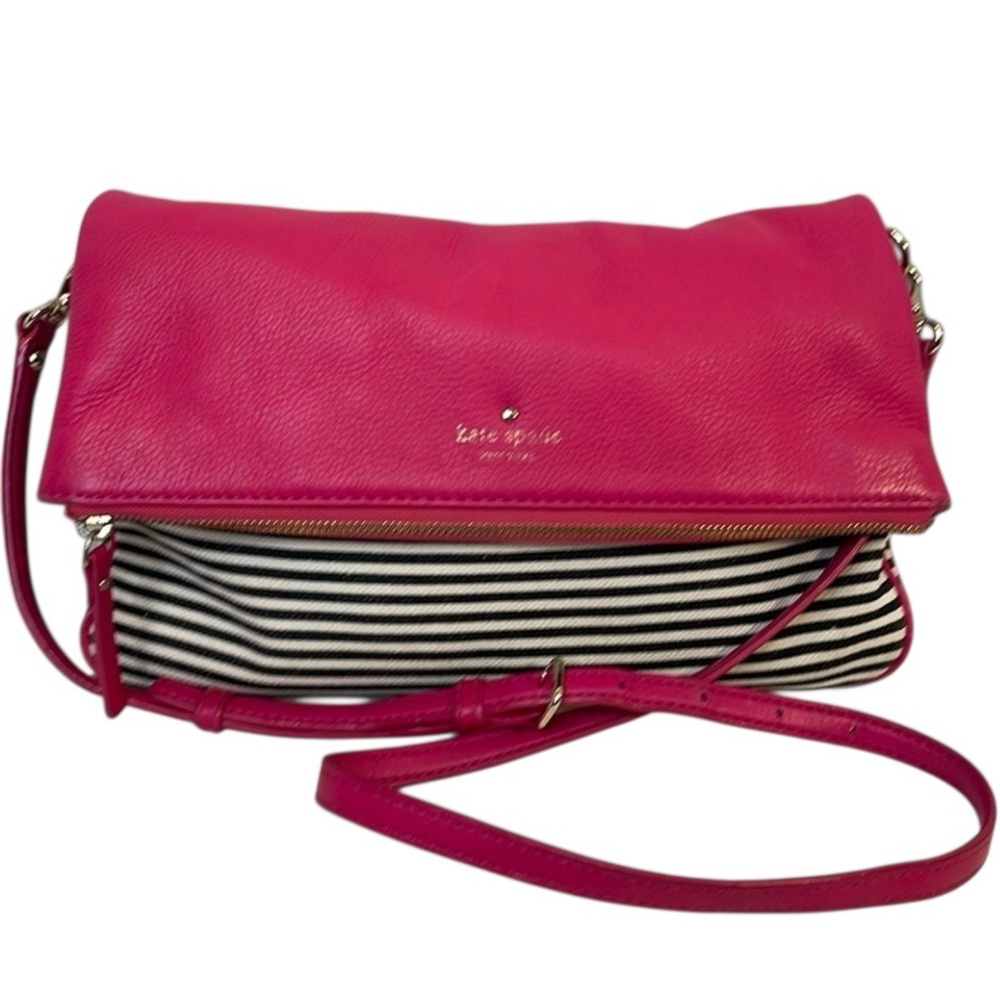 Kate Spade Fuchsia Leather B and W Stripe Canvas Convertible Crossbody Clutch